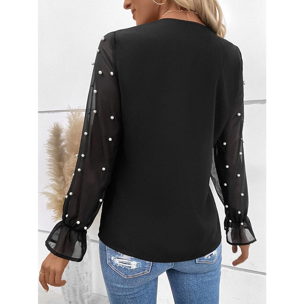 Preppy Contrast Mesh Pearl embellished Flounce Sleeve V Neck Blouse - Picture 2 of 6